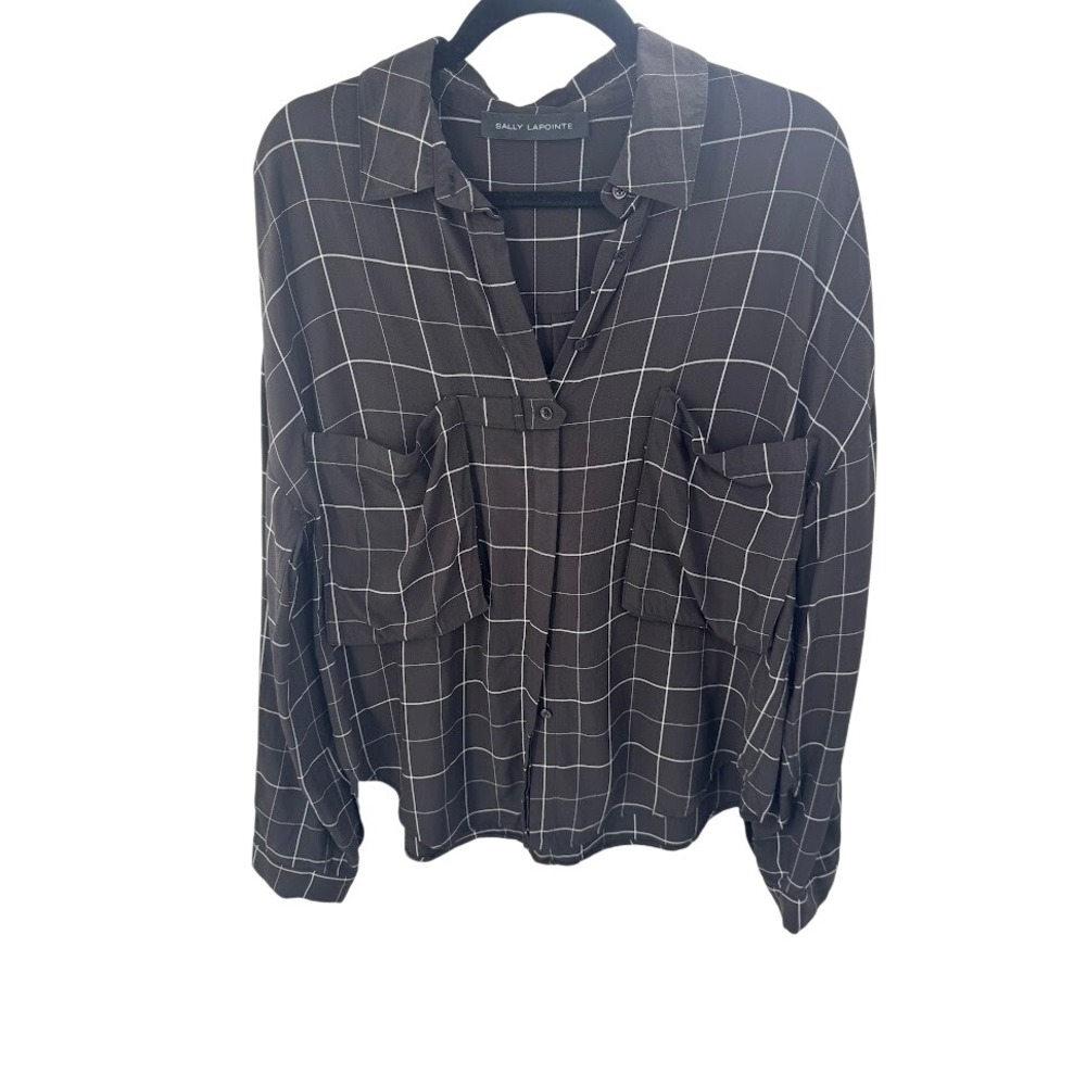 Sally LaPointe Womens Windowpane Grid Button Down Blouse Charcoal Black Pockets - Picture 2 of 5